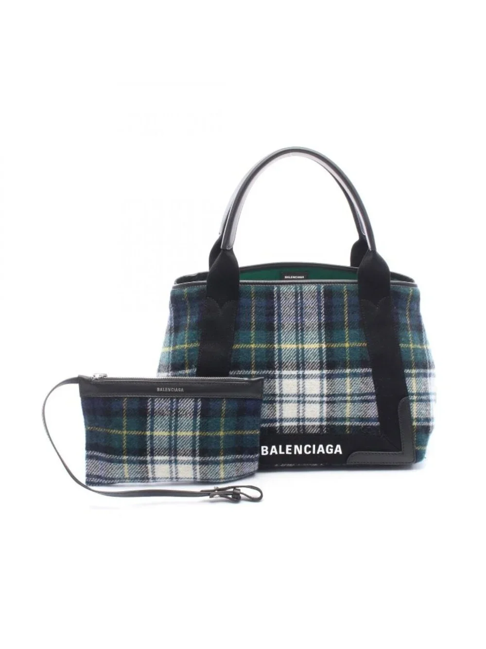 Balenciaga Tote Bag Navy Cabas S Check Black Plaid Wool Leather